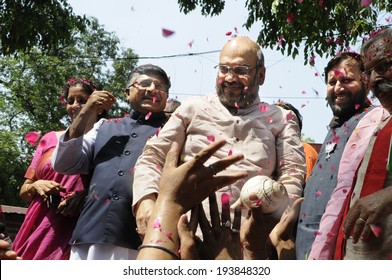 NEW DELHI-MAY 16:  Amit Shah,Ravi Shankar Prasad,Prakash Javadekar And Nirmala Sitaraman On The Podium After BJP Won The Indian National Election On May 16, 2014 In New Delhi , India. 