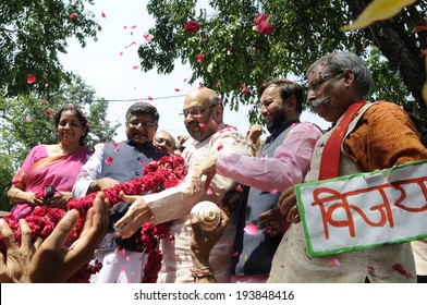 NEW DELHI-MAY 16:  Amit Shah,Ravi Shankar Prasad,Prakash Javadekar And Nirmala Sitaraman On The Podium After BJP Won The Indian National Election On May 16, 2014 In New Delhi , India. 