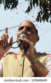 NEW DELHI-MAY 16:  BJP Party President Rajnath Singh Addressing Supporters After His Party Won The Indian National Election On May 16, 2014 In New Delhi , India. 