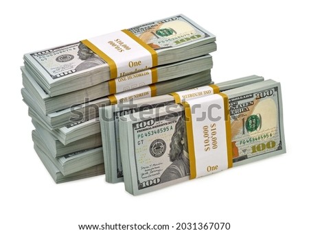 New design dollar bundles stack of bundles of 100 US dollars detail isolated on white background. Including clipping path