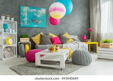 New Design Grey Living Room With Colorful Details And Window