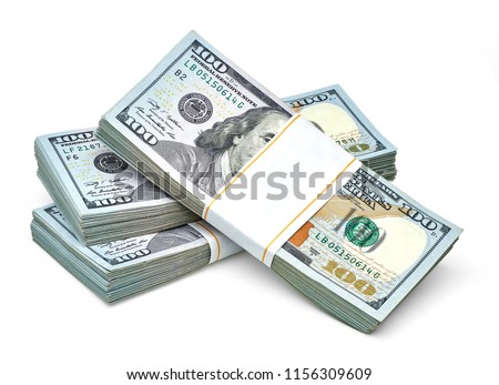 New design US Dollar bills bundles stack on white background including clipping path.