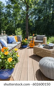 New Design Villa Patio With Rattan Sofa, Table, Small Pouf, Guitar In The Background