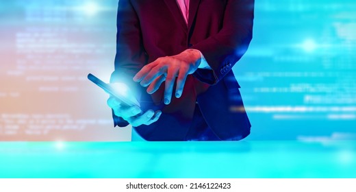 New Digital Technologies. A Business Analyst Demonstrates Special Features Of A Phone Application For Managing Business Processes. 