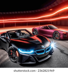 new dodge challenger mixed with senna gtr  spoiler and nissian headlights with also bmw iy8 roadster bumbers with butterfly doors