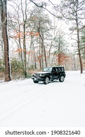 New Egypt, New Jersey 2-2-21 NJ - US. Jeep inside the wood while snow.