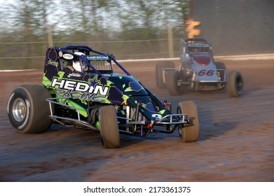 New Egypt, NJ, USA - April 30, 2022: Race Driver Heidi Hedin Leads Rob Ward During A Sprint Car Race At New Egypt Speedway In New Jersey.