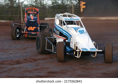 New Egypt, NJ, USA - April 30, 2022: Race Driver Mick D'Agostino Leads Shea Wills During A Sprint Car Race At New Egypt Speedway In New Jersey.