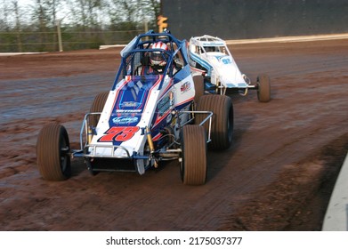 
New Egypt, NJ, USA - April 30, 2022: Race Driver Al Cheney Leads Mick D'Agostino In A Sprint Car Race At New Egypt Speedway In New Jersey. Slightly Blurred To Depict Action.				