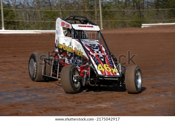 New Egypt, NJ, USA - April 30, 2022: Race driver\
Jeff Champagne competes in an ARDC Midget auto race at New Egypt\
Speedway in New Jersey.