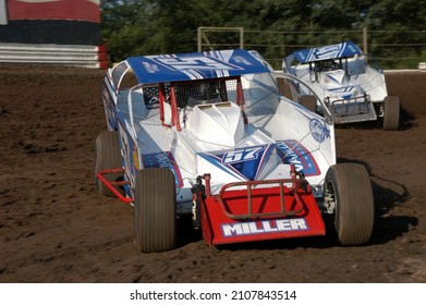 New Egypt, NJ, USA - July 31, 2021: Short Track Racer Matt Miller Leads Nick Van Wickle Through A Turn At New Jersey's New Egypt Speedway.  