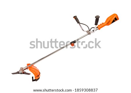 New electro mower machine full length at isolated background for cut out, grass cutter instrument, gardening tool
