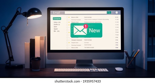 New Email Alert On Computer, Communication Connection Message To Global Letters In The Workplace.