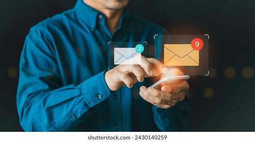 New email notification concept. E- mail inbox for business  communication digital marketing. receiving electronic message alert. businessman touch on email in virtual screen internet technology. - Powered by Shutterstock - Get 15% off with code: PIKWIZARD15