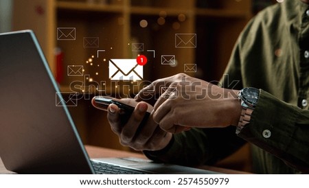 New email notification interaction concept. A person interacting with a floating digital interface showing a new email notification symbol, a concept for online communication. E-mail marketing