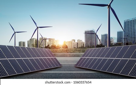 New Energy, Solar And Wind Power In The City At Sunset