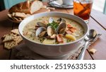 New England Clam Chowder: Creamy, comforting soup filled with tender clams, potatoes, and a touch of bacon, served with oyster crackers for a classic seaside dish.