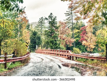 New England Foliage Scene On A Rainy Day.