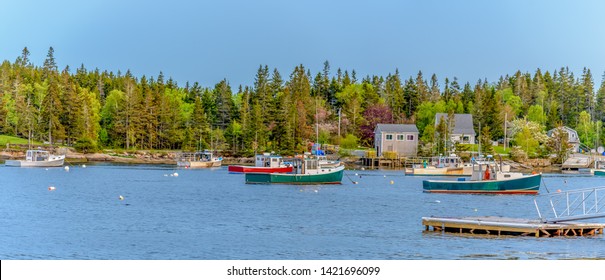 New England Maine Lobster Boat Anchored In A Harbor Bay