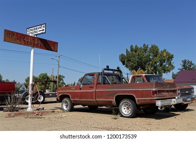 NEW ENGLAND, NORTH DAKOTA, September 10, 2018 : Ruined Cars In A Small Village Of North Dakota.