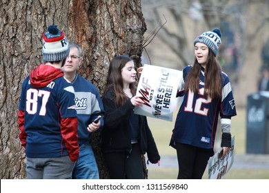 New England Patriots 53th Super Bowl Championship Parade In Boston On Feb. 5, 2019 In Details. A Family Take Part Of Parade.