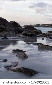 New England Rocky Beach Scenes During Sunset.