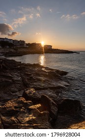 New England Rocky Beach Scenes During Sunset.