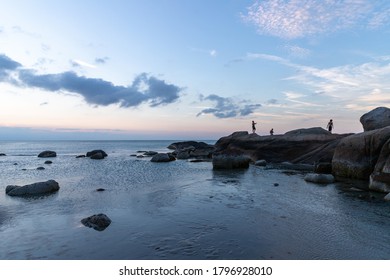 New England Rocky Beach Scenes During Sunset.