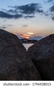 New England Rocky Beach Scenes During Sunset.