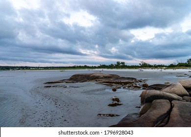 New England Rocky Beach Scenes During Sunset.