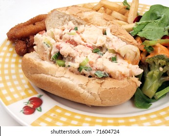 A New England Style Lobster Roll Sandwich Meal With Sides Of French Fries, Onion Ring, And Salad On A White Background With Copy Space