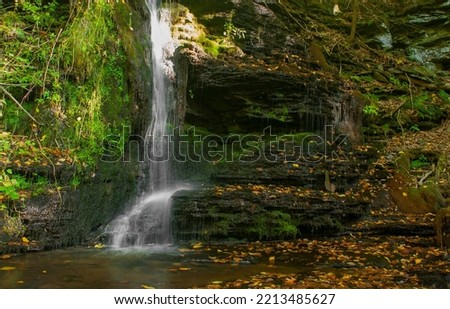 New England waterfall. Cascading water over mossy covered rocks in the forest. Small trickling waterfall in the woods with fallen leaves