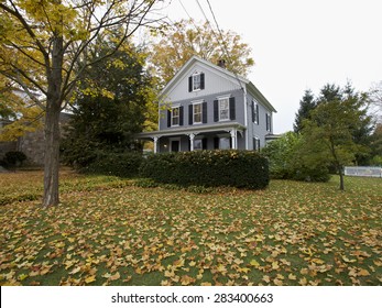 New England Wooden House In Fall, Connecticut, USA