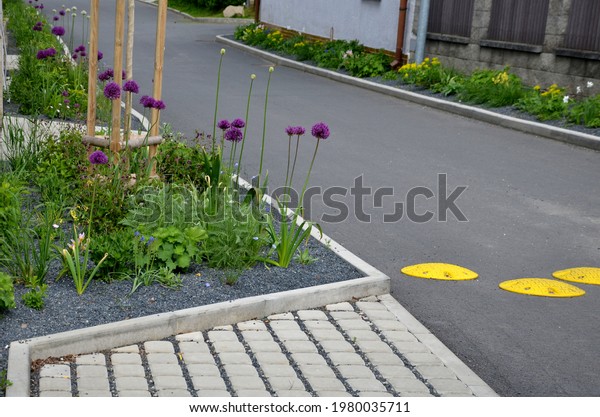 new established street in the city, the\
longitudinal parking lot is made of gray concrete infiltrating\
tiles with crevices filled with gravel. measures to limit the\
outflow of water from road\
bumps
