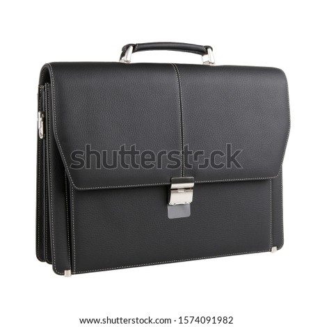 New fashion male business bag or briefcase in black leather. Without shadows. Isolated on white background