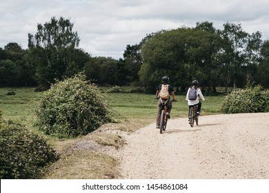 New Forest National Park, UK - July 13, 2019: Rear View Of People Cycling On A Gravel Path Inside New Forest, A Famous National Park In Dorset, UK.