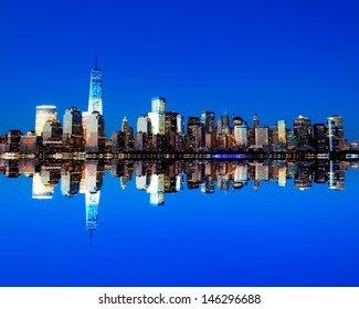 The New Freedom Tower And Lower Manhattan Skyline At Night