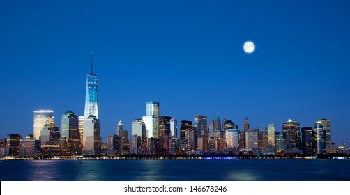 The New Freedom Tower And Lower Manhattan Skyline At Night