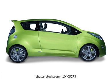 New Fuel Efficient Hybrid Car Design. The Future Of The Industry. Isolated On A White Background With A Shadow Detail Drawn In. A Pen Tool Clipping Path Is Included For The Car, Minus The Shadow.