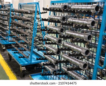 New Gear Shafts On The Factory Floor. Components For Machinery Manufacturing, Auto Making, Extraction Industry, Machine Tool And Drive Engineering, Agriculture, Selective Focus