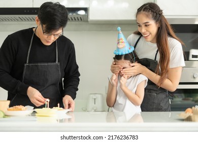 New Generation Asian Family Cook Together And Organize A Small Birthday Party For Our Little Daughter In The Kitchen Of The House