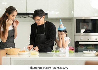 New Generation Asian Family Cook Together And Organize A Small Birthday Party For Our Little Daughter In The Kitchen Of The House