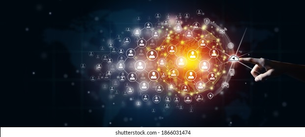 New global business connection concept. Businessman leading the global connection with connecting people orbit around the world. World map and connecting people background. World map illustration. - Shutterstock ID 1866031474