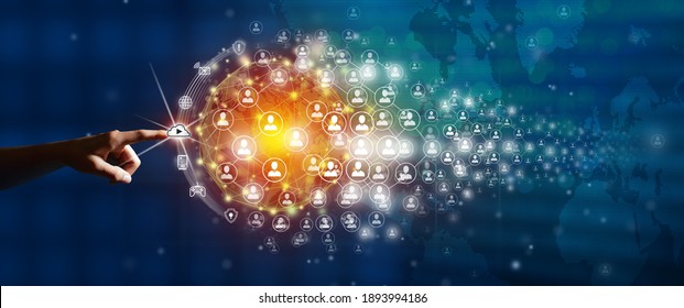 New Global Business Connection Concept. Businessman Leading The Global Connection With Connecting People Orbit Around The World. World Map And Connecting People Background. World Map Illustration.