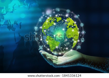 New global business connection concept. Businessman leading the global connection with connecting people orbit around the world. World map and connecting people background. Original source from NASA.