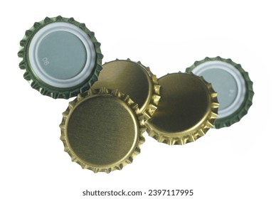 New golden bottle cap for beer in flying, isolated on white, clipping path, macro