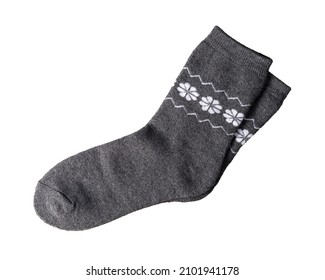 New gray wool socks isolated on a white background. Pair of warm socks with white floral pattern close-up. Hosiery design element for active lifestyle, sport and casual wear concepts. Top view.