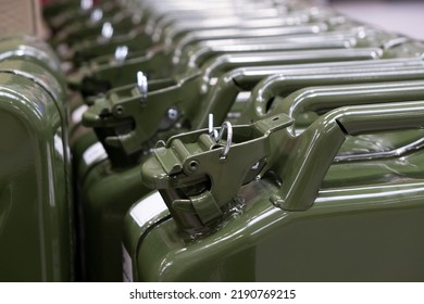 New Green Iron Gas Can In The Hardware Store. Fuel Tank For Transporting And Storing Petrol, Vintage 20L Fuel Can Jerrycan