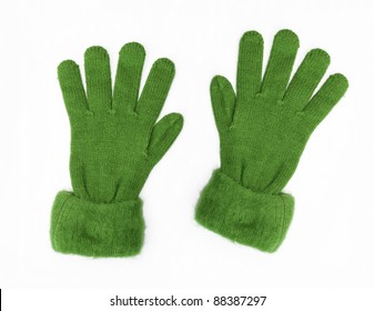 New Green Knit Wool Gloves Isolated On White Background