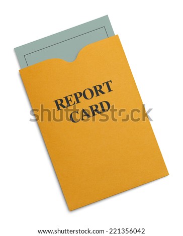 New Green Report Card Inside Yellow Envelope Isolated on White Background.